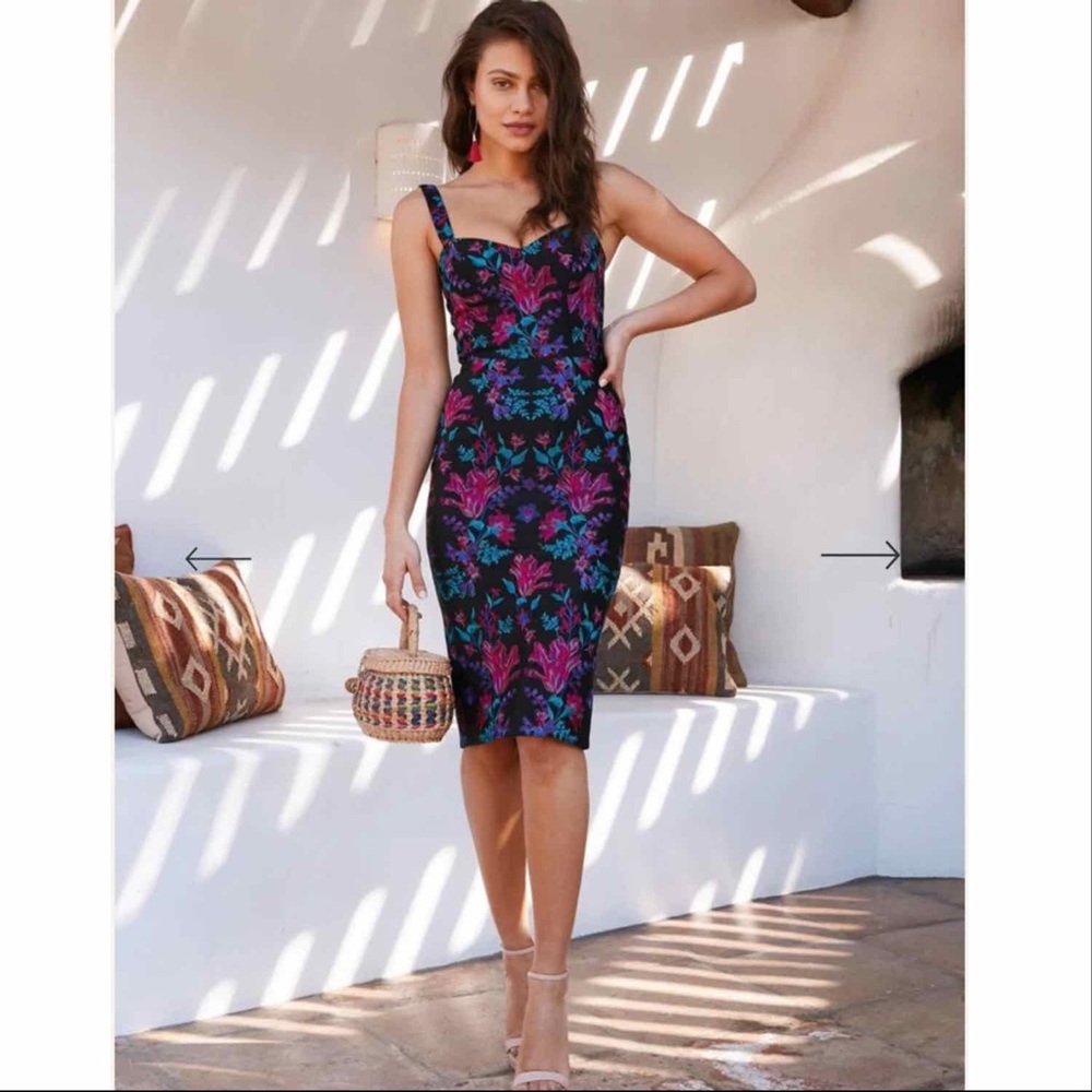 Dress the Population|Jaida Sheath midi body con dress in black color multi Large